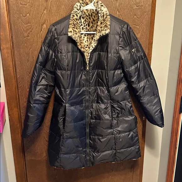 Women's 1 Madison Faux Fur Cheetah Print Reversible Quilted Down Coat Size M - Picture 4 of 10